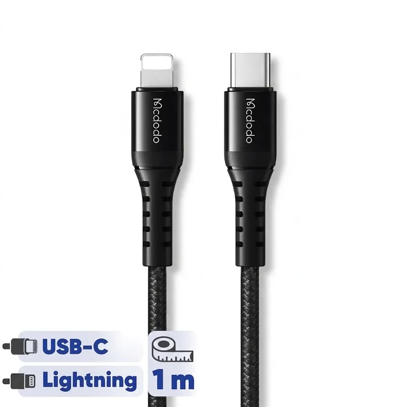 کابل تبدیل USB-C به Lightning مک‌دودو مدل CA-۵۶۳ طول ۱ متر، با روکش نایلونی بافته‌شده، سازگار با گوشی، پاوربانک و تبلت، با قابلیت انتقال اطلاعات، شدت جریان خروجی ۳ آمپر